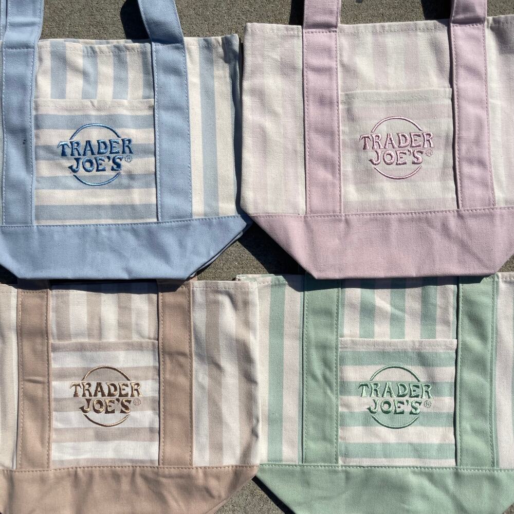Set of 4! Trader Joe’s Canvas MINI Tote Bags PASTEL STRIPE Blue Green Pink Khaki - Picture 2 of 15